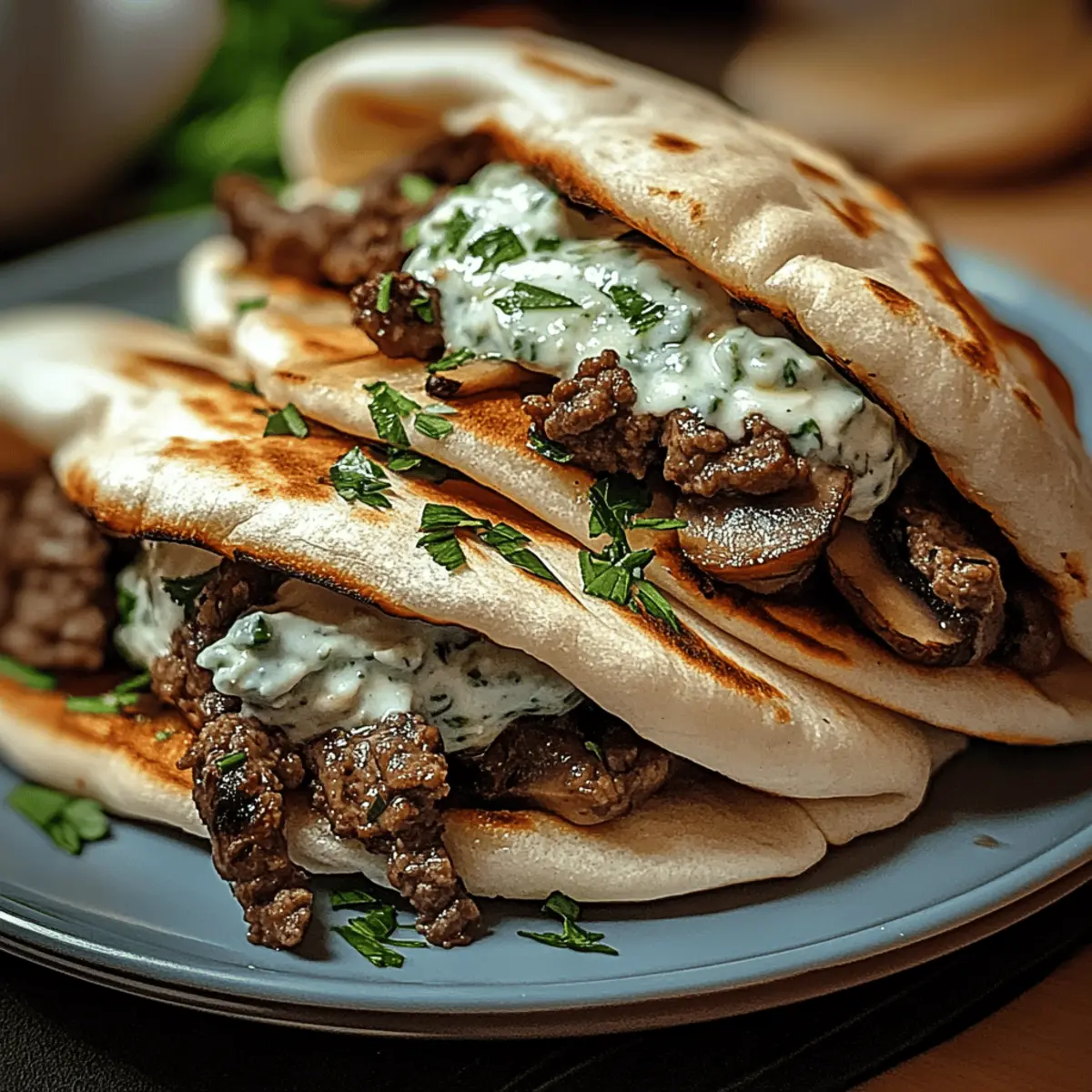Cheesy Beef and Mushroom Pita Pockets with Tzatziki Sauce Magic
