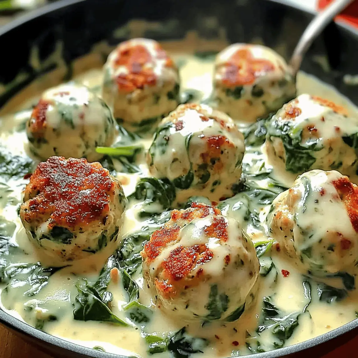 Savory Chicken Ricotta Meatballs in Spinach Alfredo Sauce