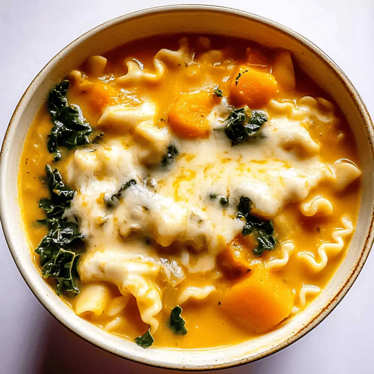 Comforting Butternut Squash Lasagna Soup with Kale & Mozzarella
