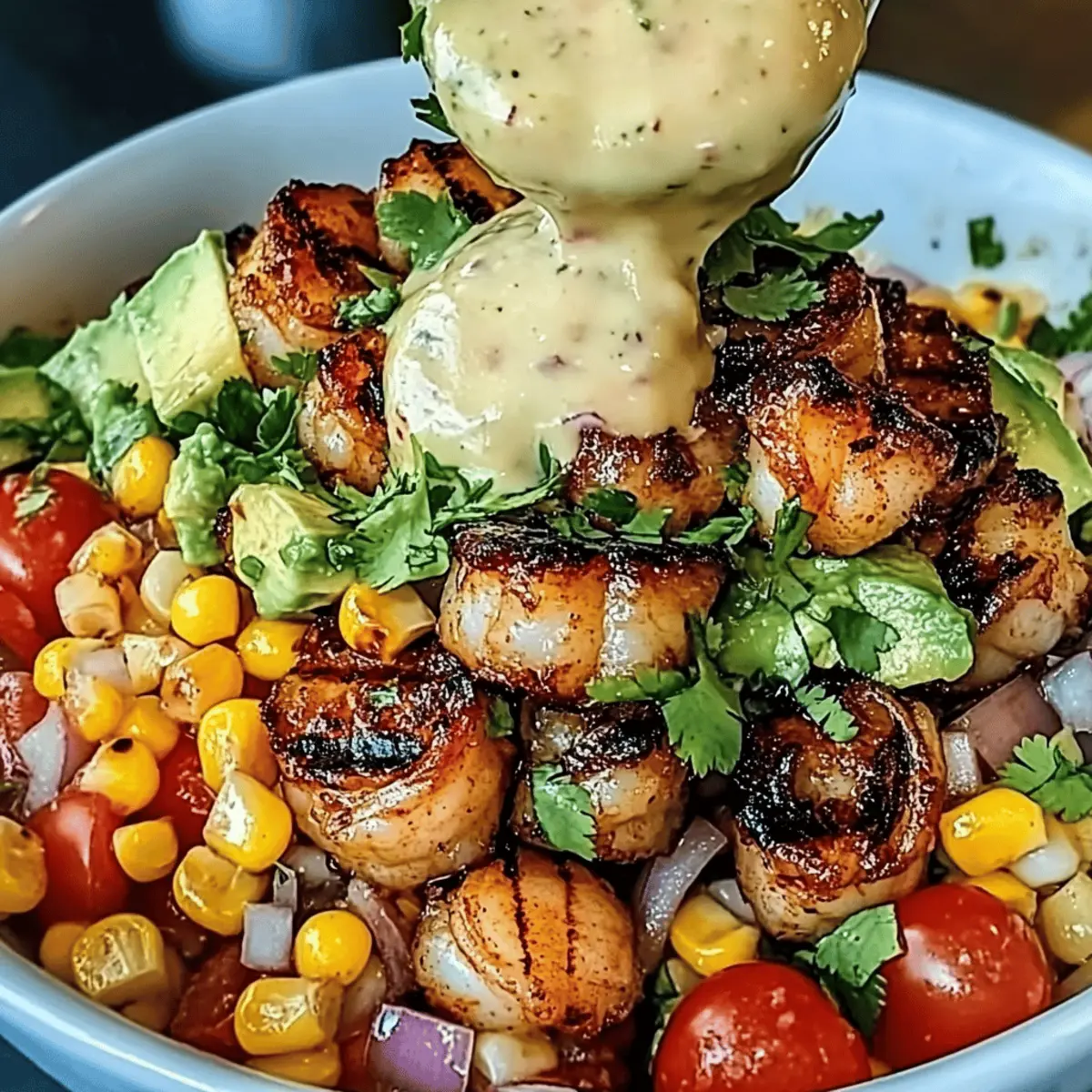 Grilled Shrimp Bowl with Avocado, Corn Salsa & Garlic Sauce Magic
