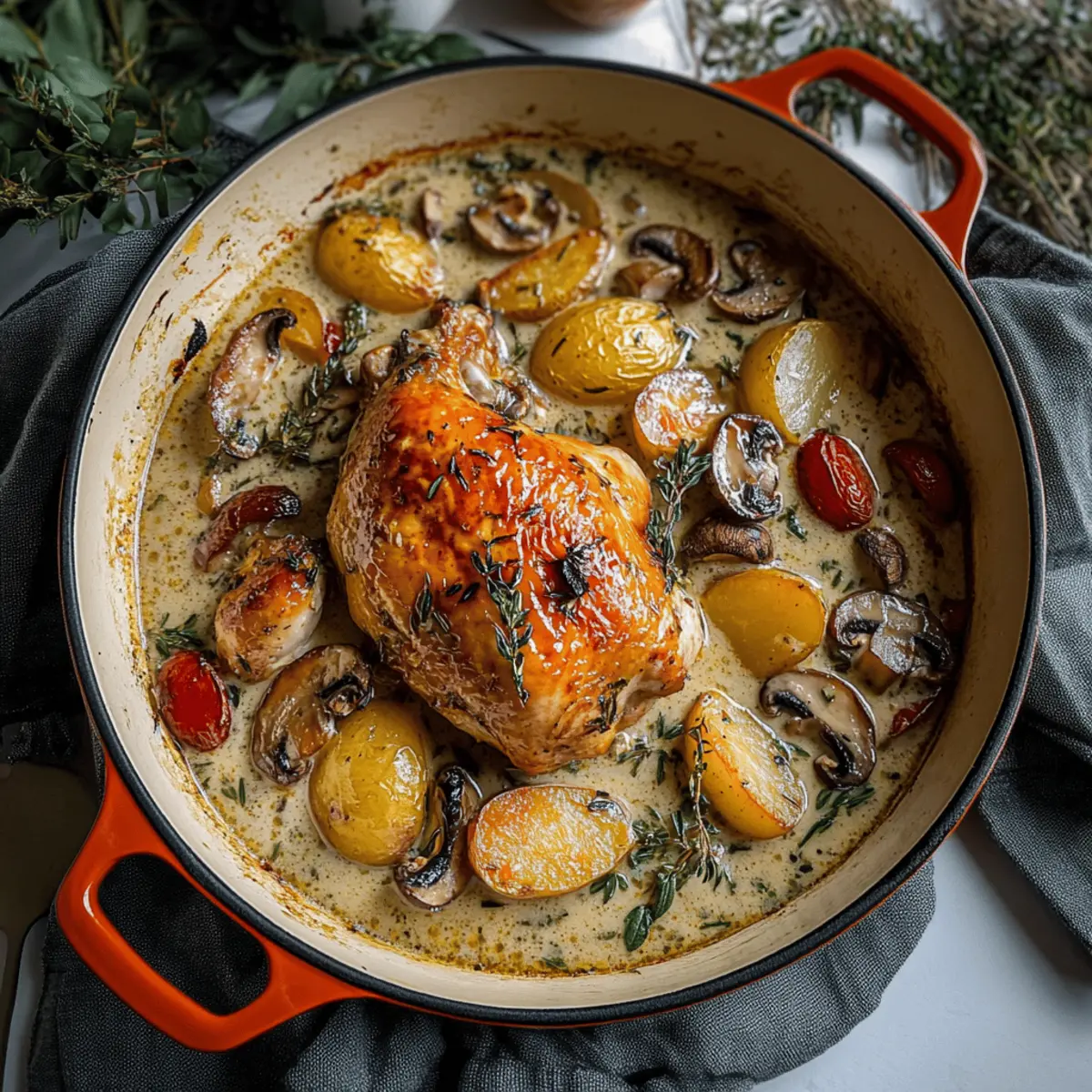 Savory Herb Roasted Chicken in Creamy White Wine Sauce