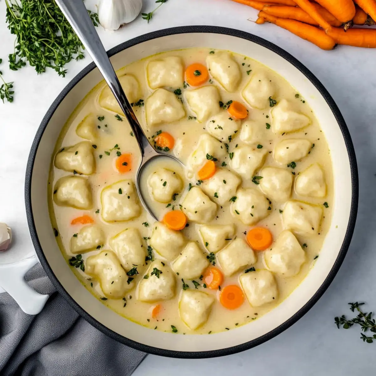 Comforting Creamy Knoephla Soup with Herbed Dumplings