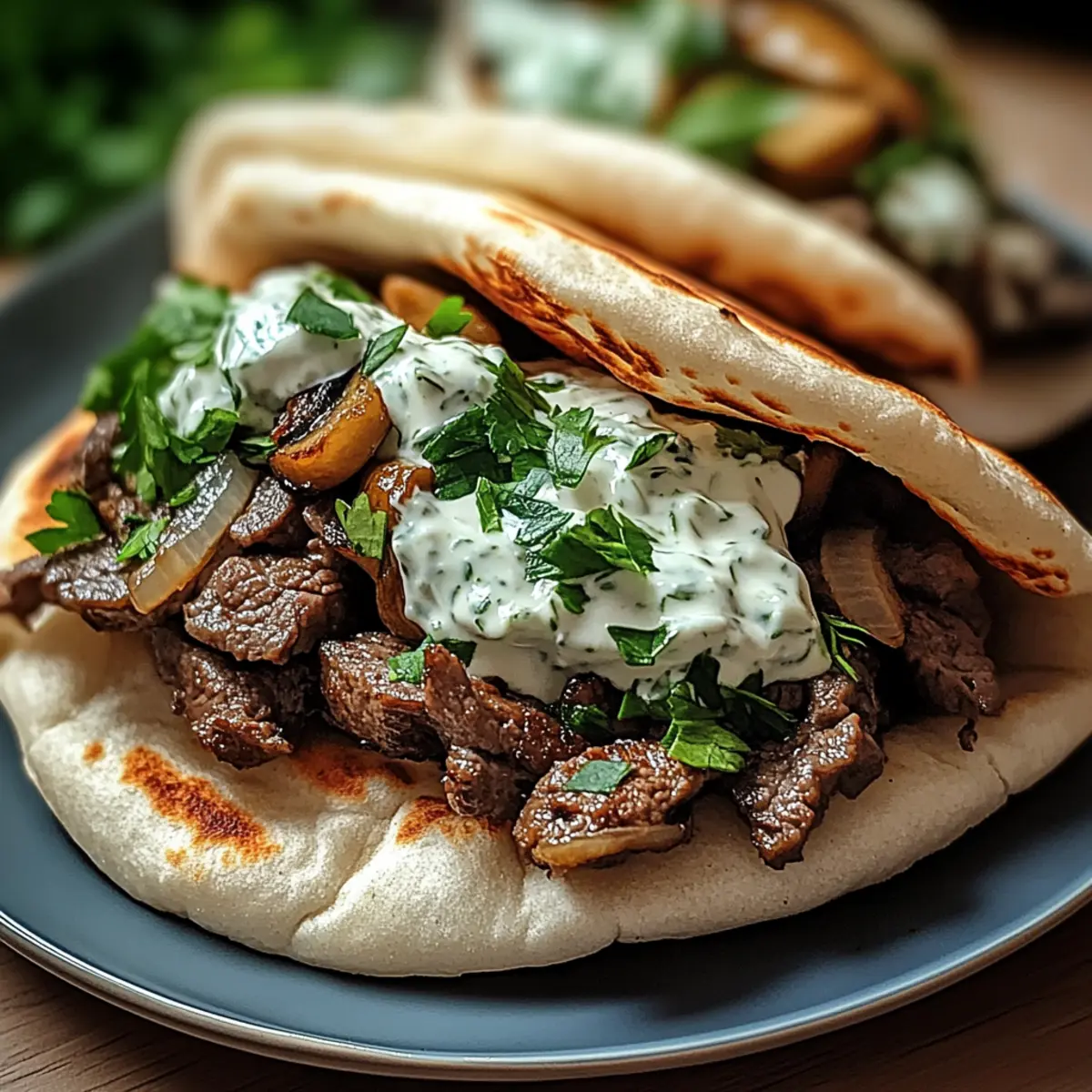 Cheesy Beef and Mushroom Pita Pockets with Tzatziki Bliss