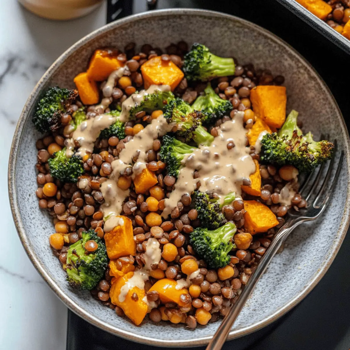 Delicious Roasted Lentils Sheet Pan Meal with Maple Tahini Dressing