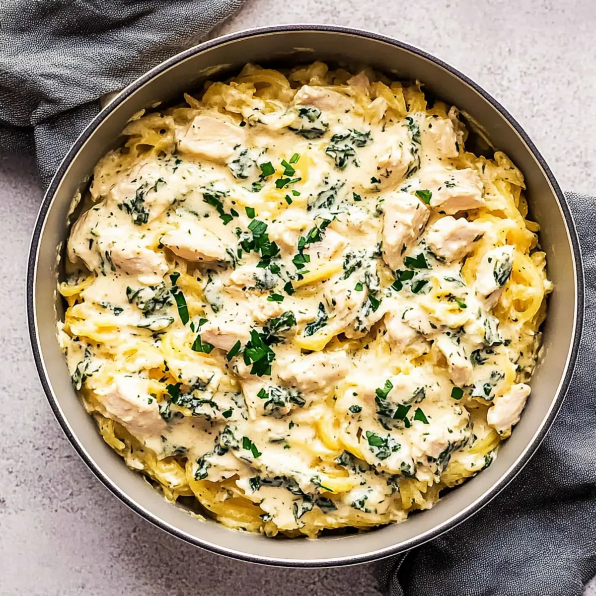 Chicken and Spinach Spaghetti Squash Alfredo Made Lighter